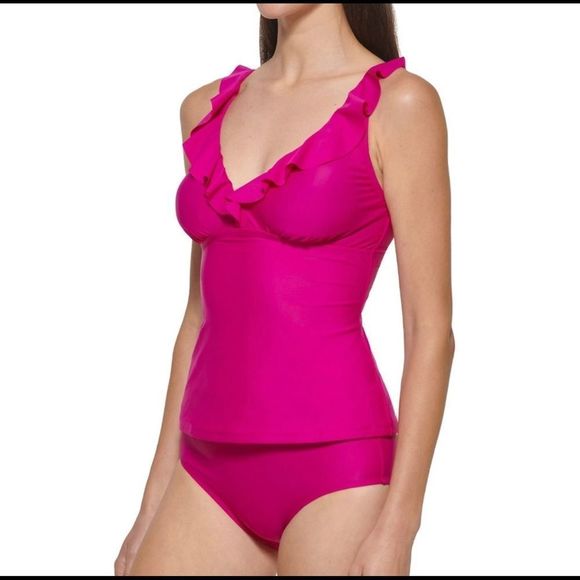 ☀️☀️☀️ DKNY FUSCIA Ruffle Tankini with Full Coverage Bottom - Picture 3 of 12